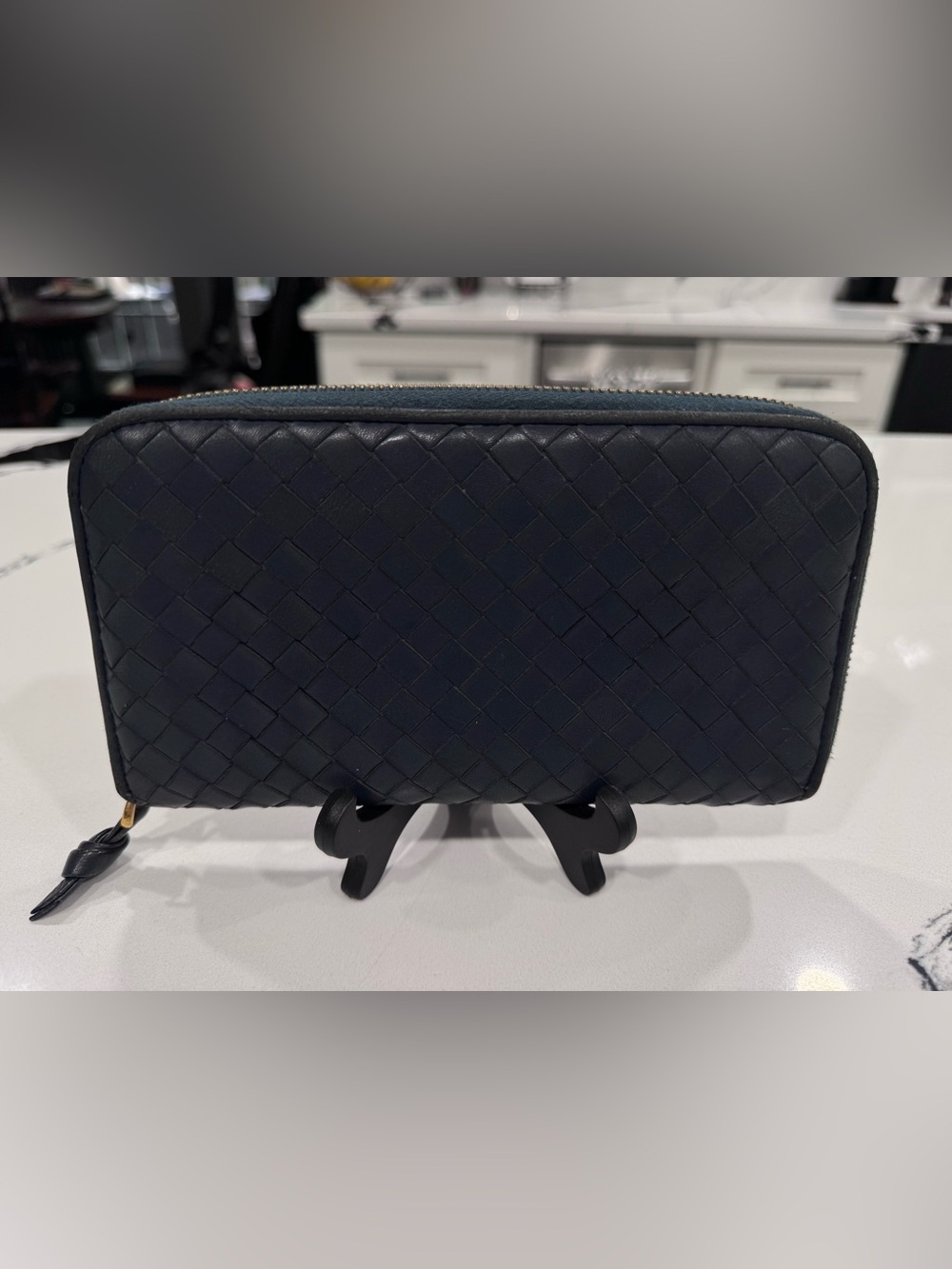 Bottega Veneta Intrecciato Leather Zip Around Wallet Navy